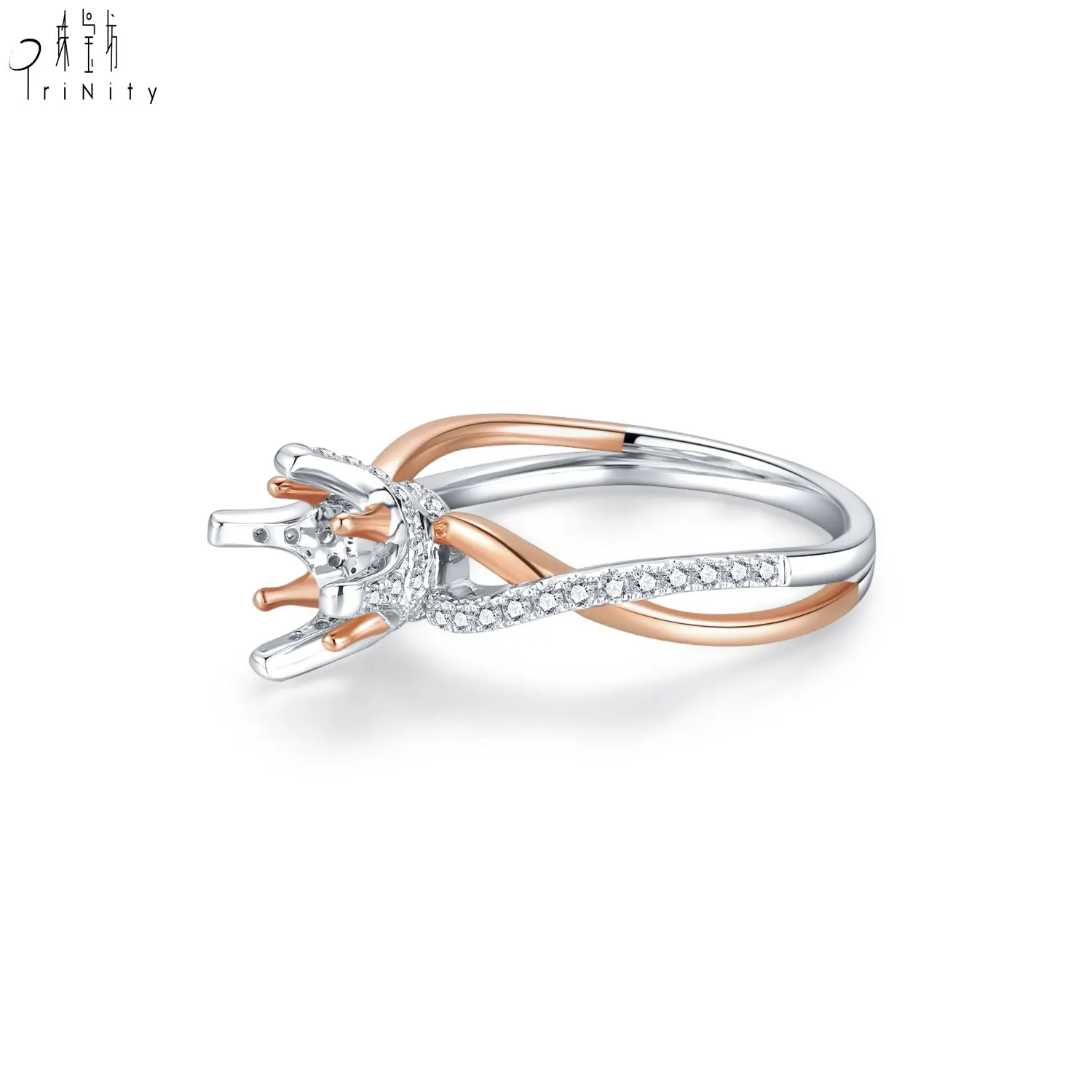 Promotional Fine Handmade Real Gold 18k Solid Gold White Diamond Rose Gold Crown Twist Semi Mounting Ring For Women Wedding