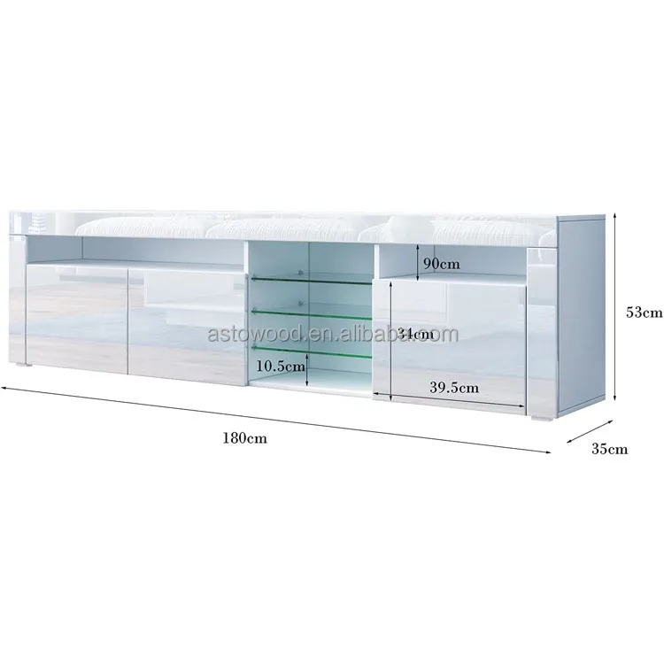 White High Gloss TV Unit with LED Lights 180CM Unit for Living Room, 3 Doors and 7 Open Shelves, Home Furniture