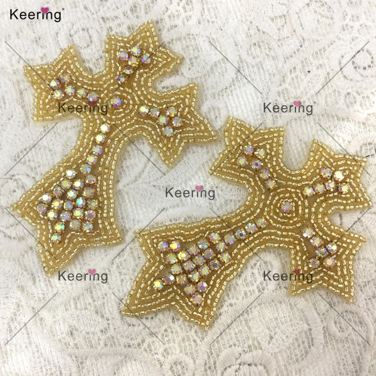 Keering DIY Cross Glass And Pearl Crystal Applique Design For Phone Cases Sash Shape Rhinestones Iron On Gold Applique Patches