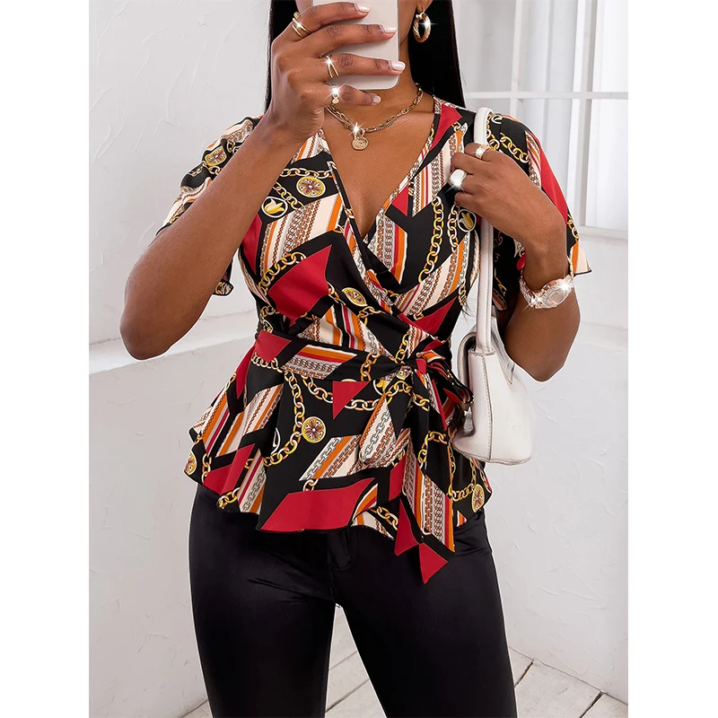 2022 new collection deep v neck short sleeve mature women printing slim bow flared hemline sexy blouse tops