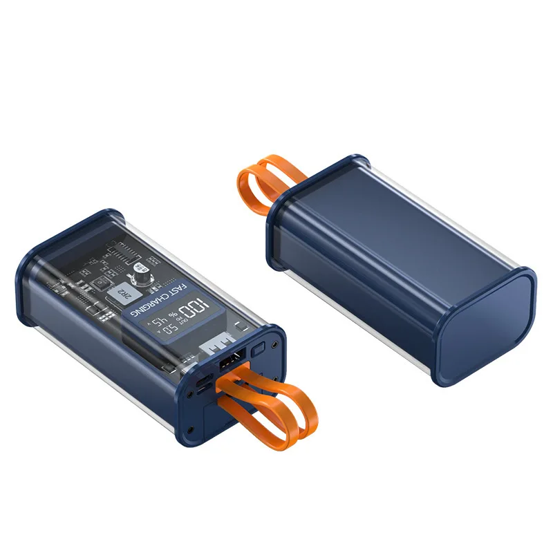 Портативный прозрачный Внешний аккумулятор типа C 50000 мАч pd 22 5 Вт Power Bank со светодиодным дисплеем Встроенный кабель для iphone 14 брелок