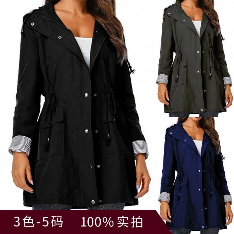 Factory Casual Hooded Collect Waist Rainwear Ms Long Windbreaker Rain Jacket In Women Trench Coat