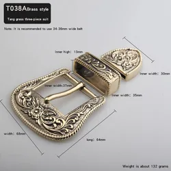 Solid copper three-piece belt buckle white copper brass tang grass pattern fashion personality retro