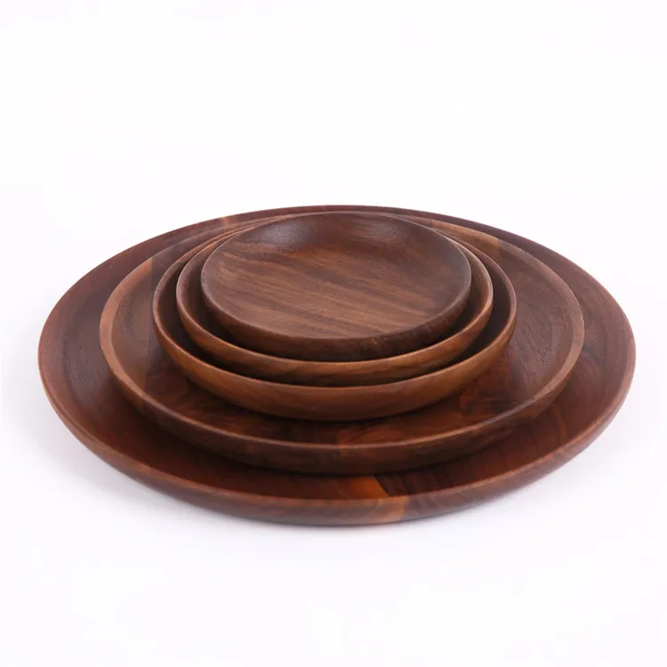 
Japanese-style Black Round Walnut Plate Solid Wood Plate Wooden Tea Snack Tray Dishes 