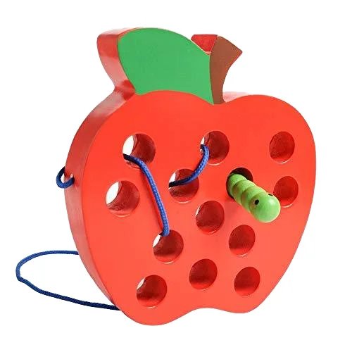 Early Education Montessori Wooden Wear Rope Eat Fruit Apple Exercise Focus Hands-on Ability Toy
