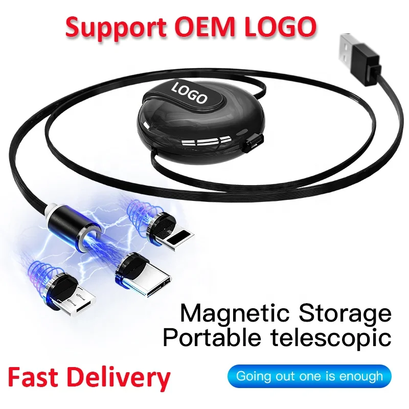 
Portable Retractable Charger USB Magnetic Cable OEM 3 in 1 for Mobile Phone Power Charging 2.4a Black Red 1M 