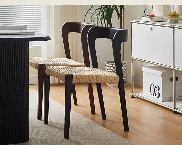 High Quality Hotel Home Dining Room Furniture Cherry Wood Dining Chair with Woven Rope Seat