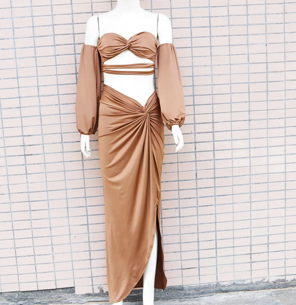 Wholesale 2023 Sexy Women Club Dress Outfits Off The Shoulder Crop Top And Maxi Slit Skirt Two Piece Sets