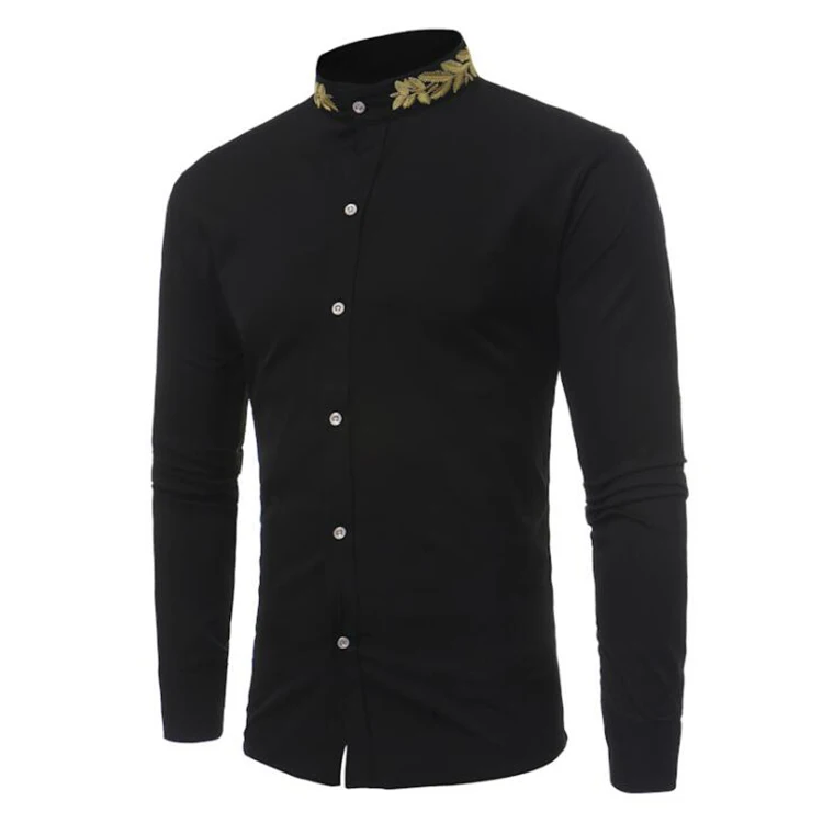 Fashion Embroidery Shirt Men 2021 Autumn New Mandarin Collar Long Sleeve Dress Shirt Mens Slim Fit Wedding Tops