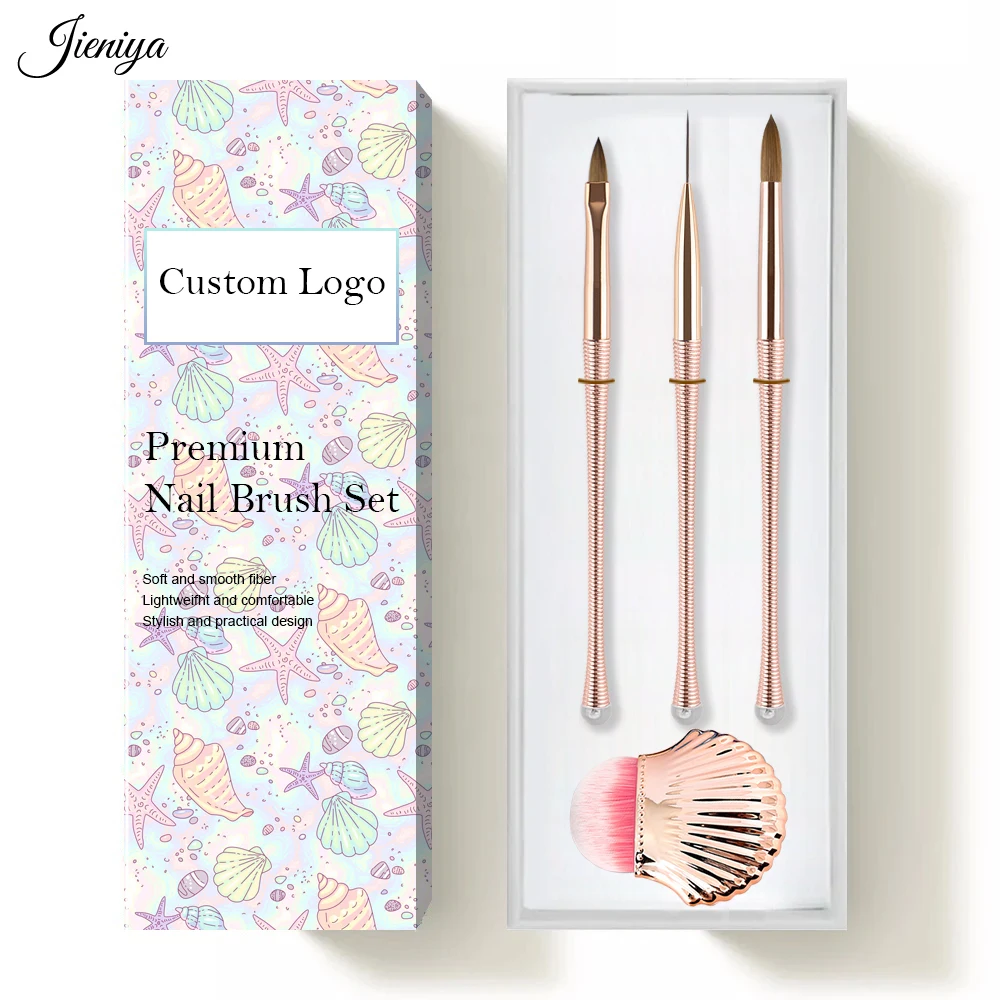 Jieniya Shell type dust brush rose gold thread non-slip handle liner brush Kolinsky acrylic nail brush nail tools set for boxed