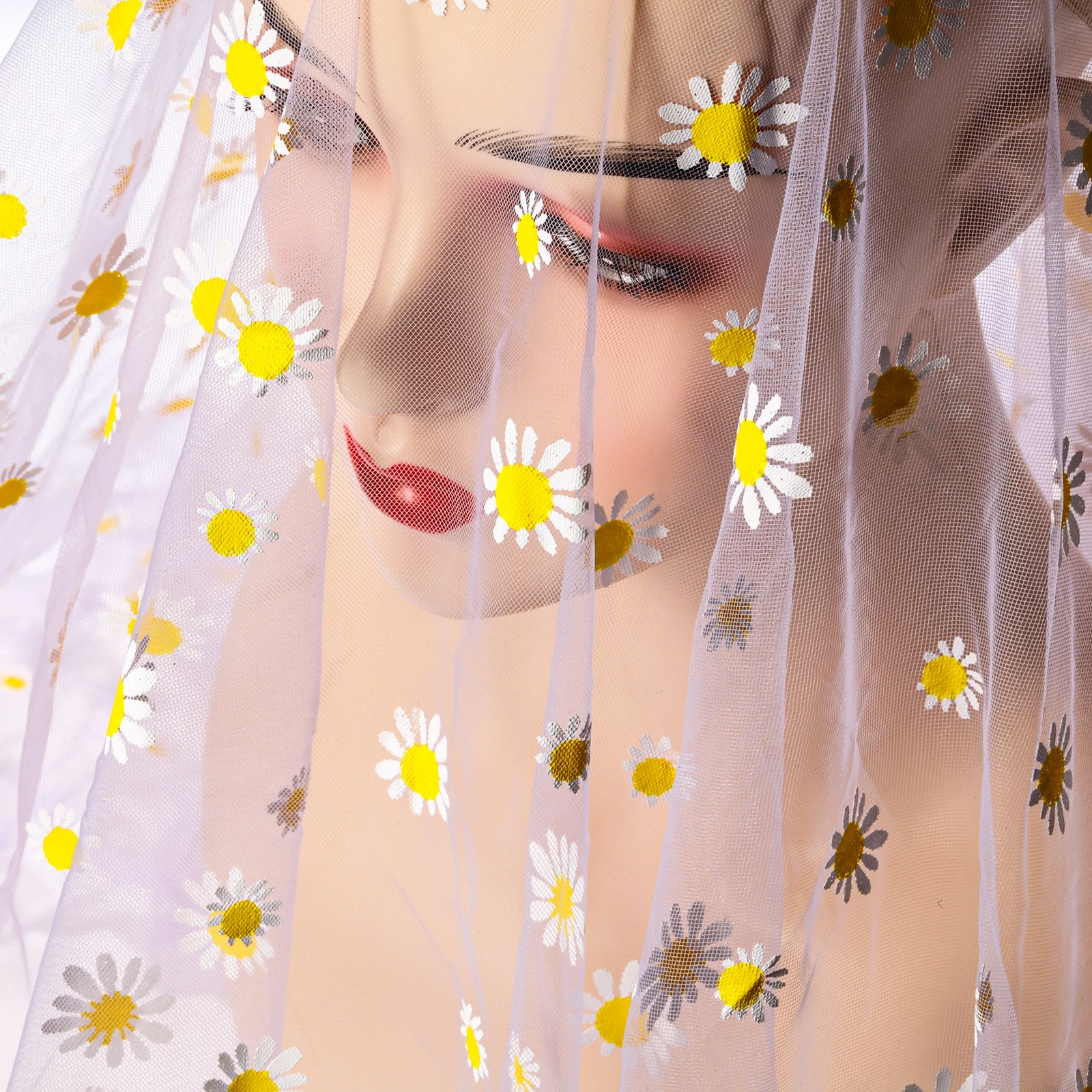 Colored sunflower mesh printing fabric yellow and white printing tulle fabric by the yards for tutu skirt decoration