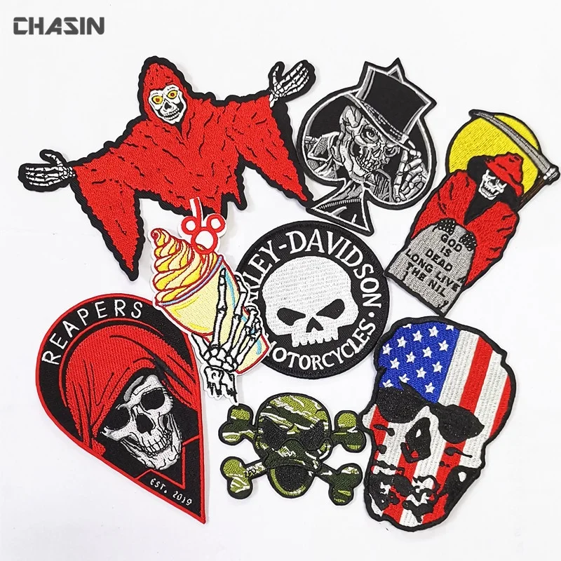 Custom iron on logo embroidered biker motorcycle patches, motorcycle skull patches embroidery