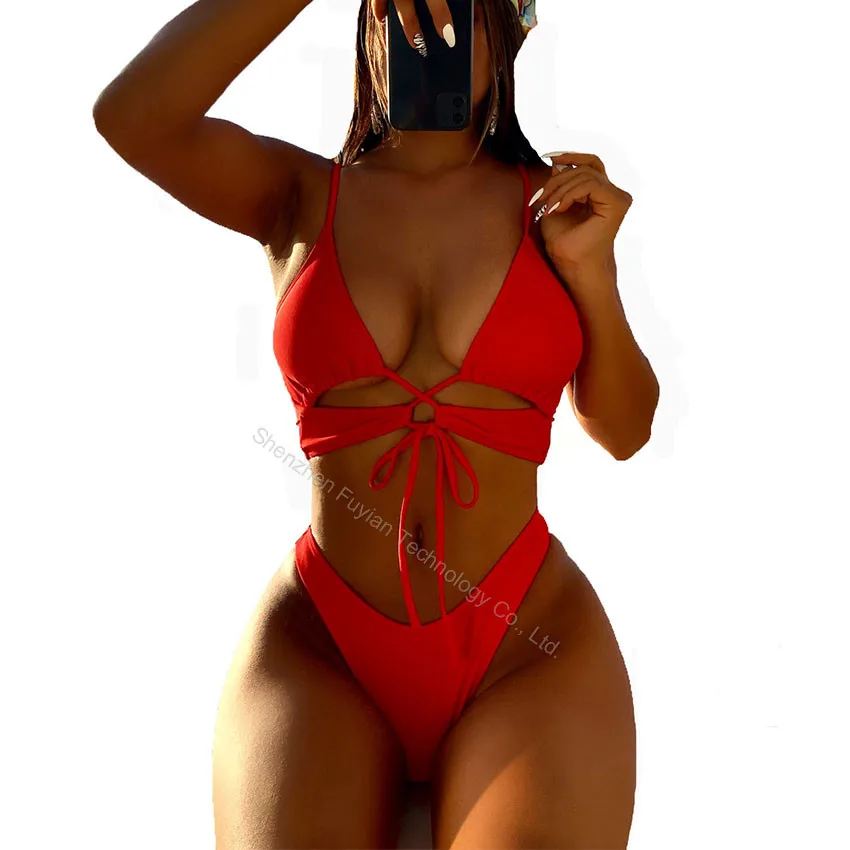Hot Sexy Pakistan Red Thong Bikini Set Hollow Out Womens Bikini Swimsuits