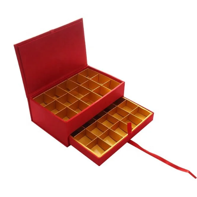 Eco-friendly Display Chocolate Drawer Box Set Double-deck Red Gold Paper Tray