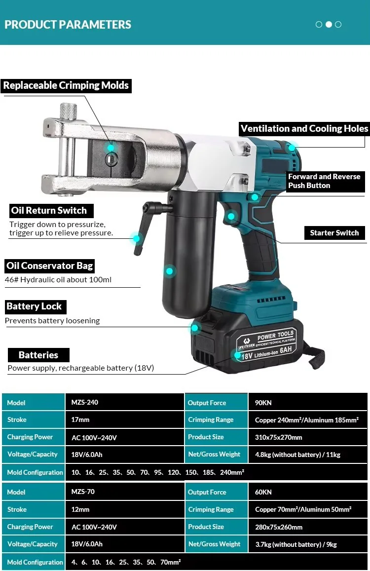 Hydraulic Crimping Tool 10-240 sqmm Battery Powered Cable Clamp Machine