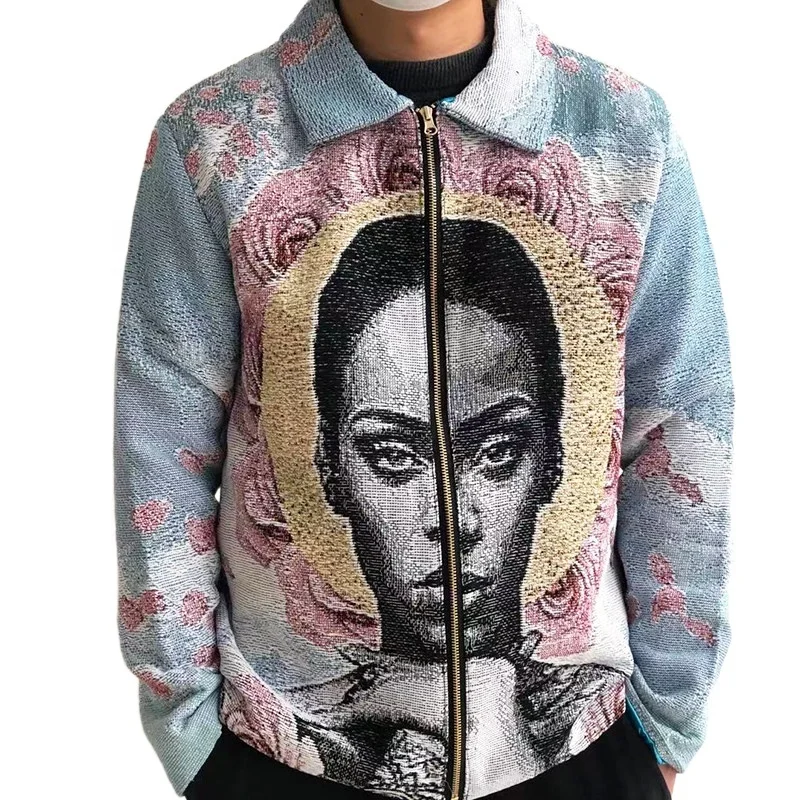 2022 New Spring Jackets Fashion Hip Hop Street Wear Custom Tapestry Cardigan Coat Men Blanket Woven Sweater Jacket Man