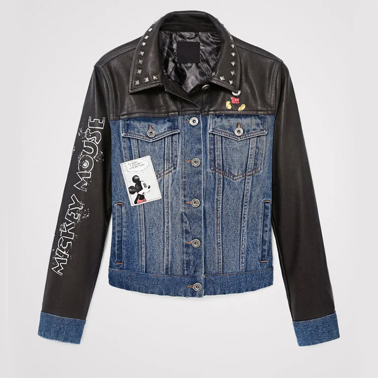 Wholesale Winter Fall Outerwear Ladies Rivets On Leather Sleeve Distressed Buttons Washed Women Denim Jackets