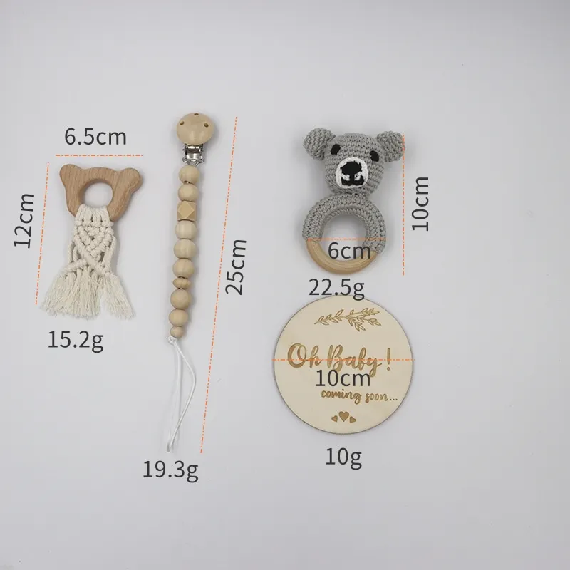 New Beech Wood Handmade Rattle Teether Bab Customized sensory organic baby crochet toy pacifier clip with wooden rattle gift set