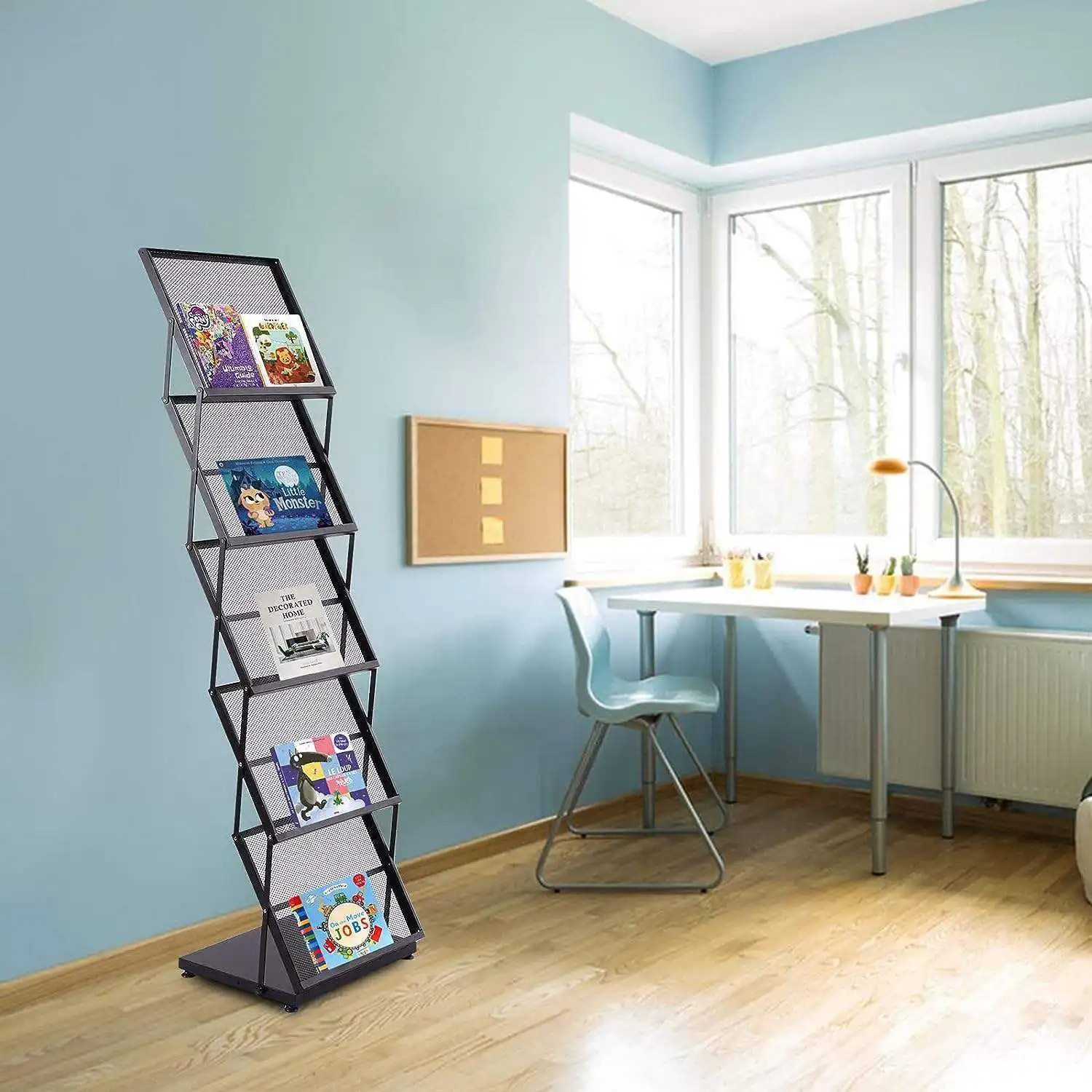 5 Tier Foldable BookShelf Retail Display Stand  Free-Standing Newspaper Information Organizer Storage Rack Holder