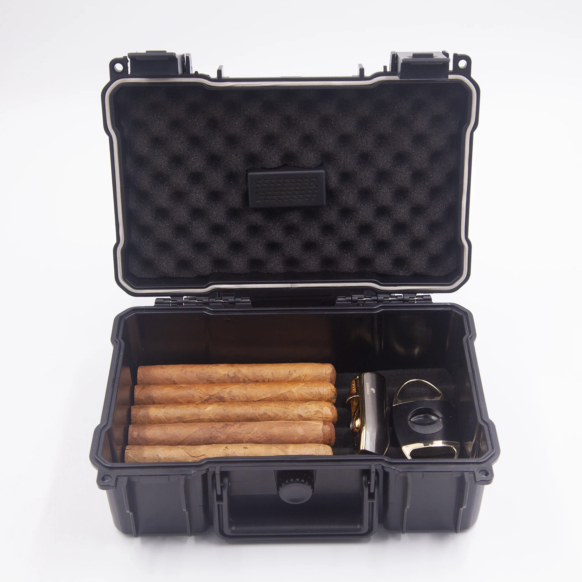 New portable carrying well sealed cigar box waterproof hard plastic travel cigar humidor case with ashtray accessories