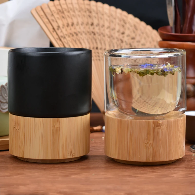 2023 Hot Sale Best Match Custom Logo Reusable Bamboo High Borosilicate Glass White Coffee Mugs Coffee Cup