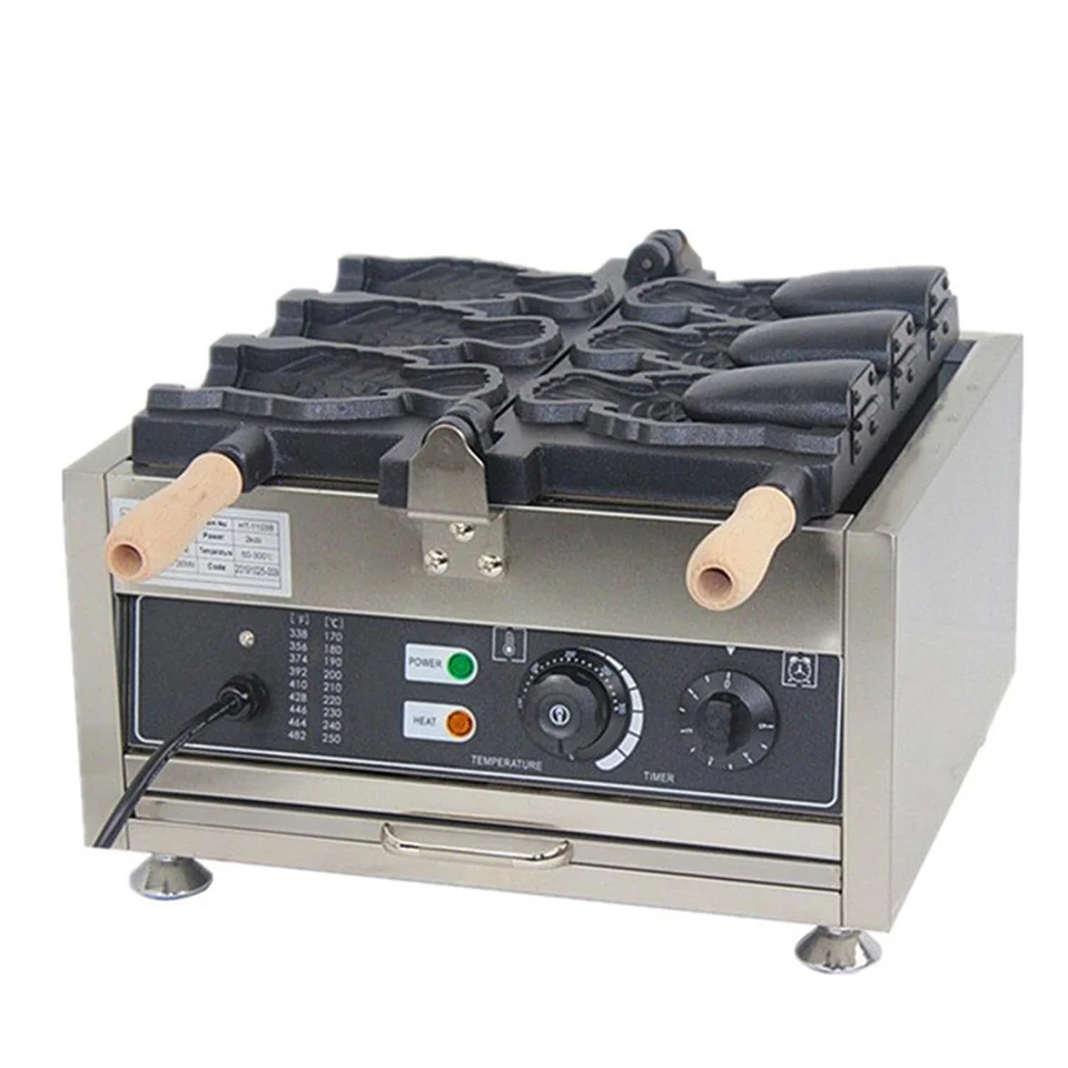 FY1101A Commercial Taiyaki Maker, Non-Stick Coated Fish-Shaped Waffle Iron, 180° Flip Stainless Steel Snack Machine