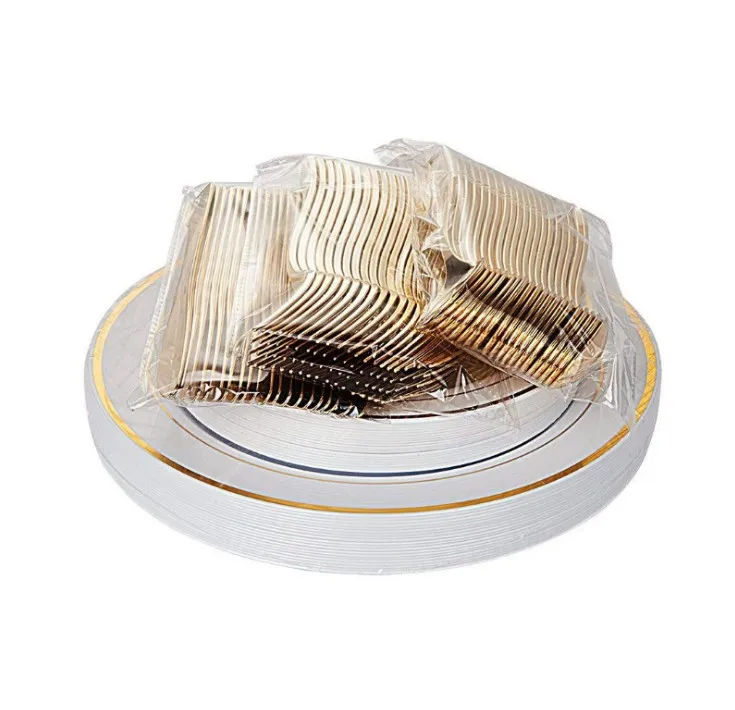 
Wholesale Wedding Dinner Gold Disposable Plastic Dish Plates Sets Dinnerware 
