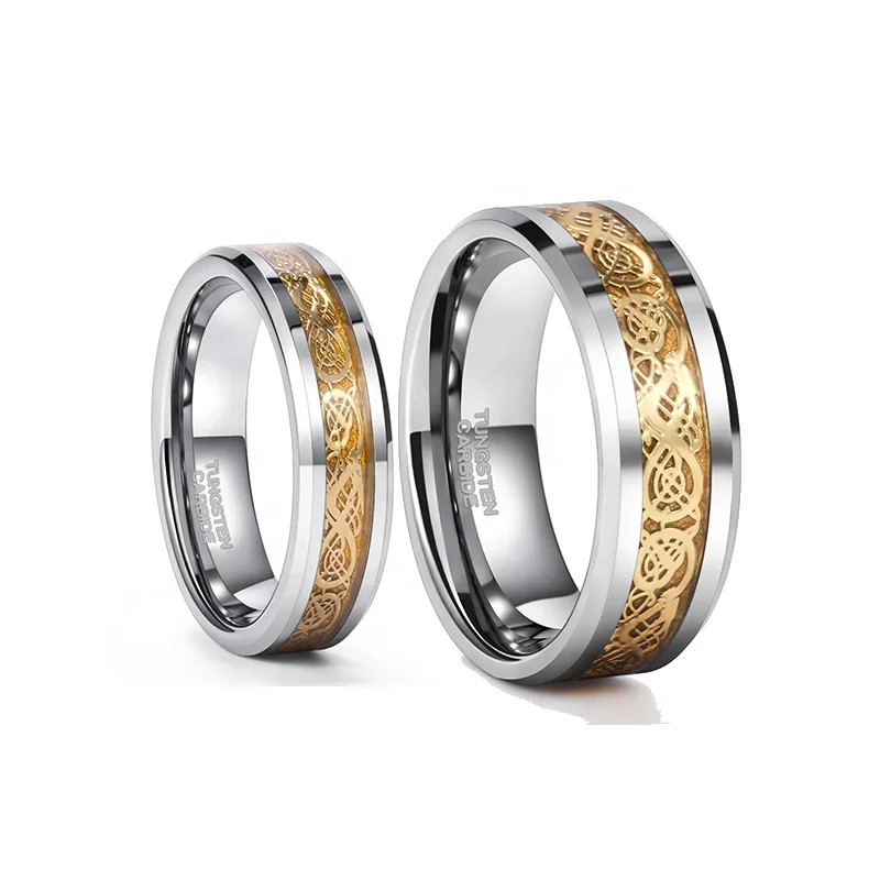 POYA 6mm 8mm Silver Tungsten Ring Set Men Celtic Golden Dragon Inlay Wedding Band Free Engraving