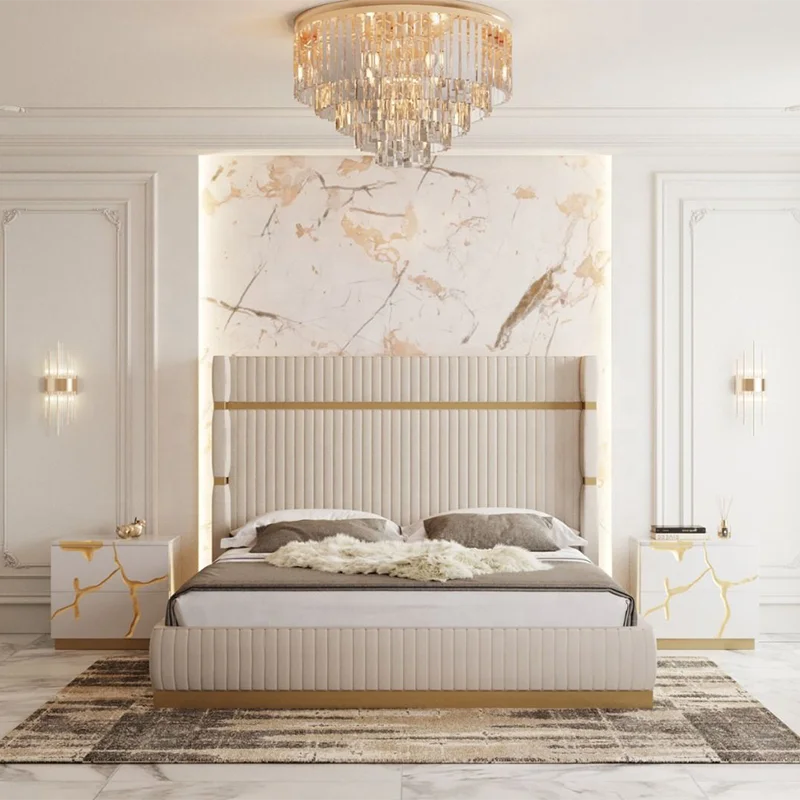Beige Modern Queen Bedroom Furniture Set Cabinets Custom Bedroom Furniture Sets with Velvet Upholstered Platform Bed