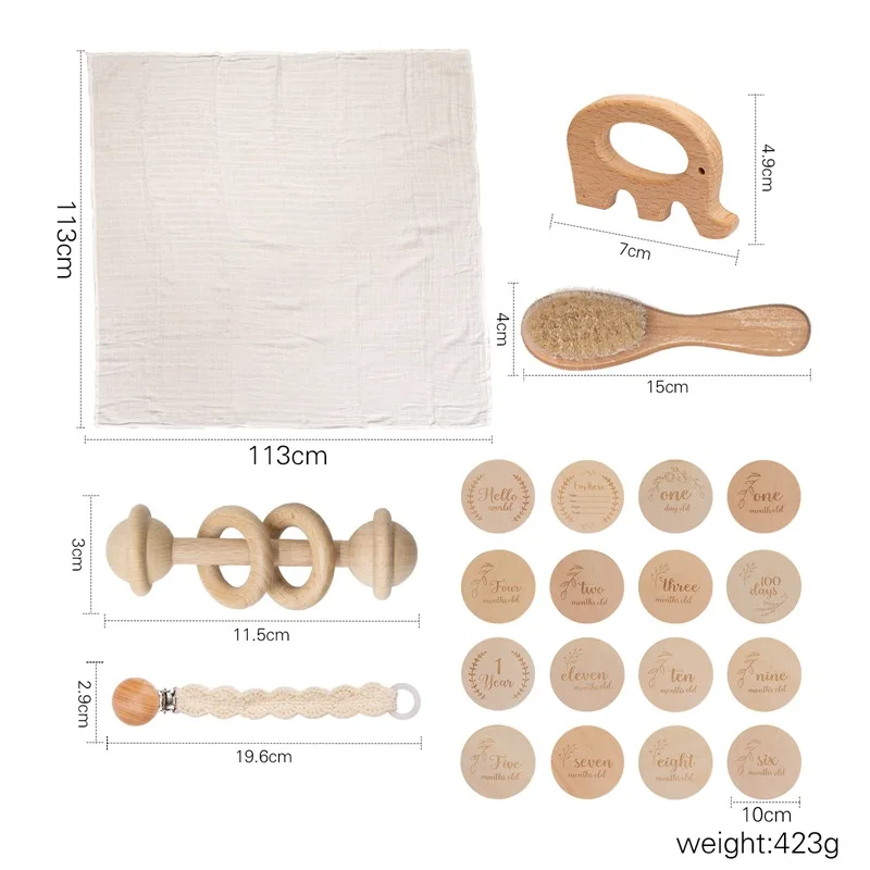 Wooden Baby Teether Ring Rattle Comfort Chain Set Baby Milestone Set Full Moon Gift Box Set