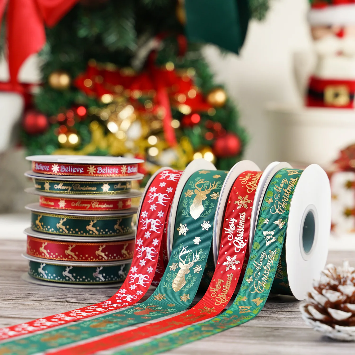Рождественская лента с принтом 10 мм, рождественские ленты для упаковки подарков, свадебное украшение, банты для волос «сделай сам», Рождественская лента в рулоне