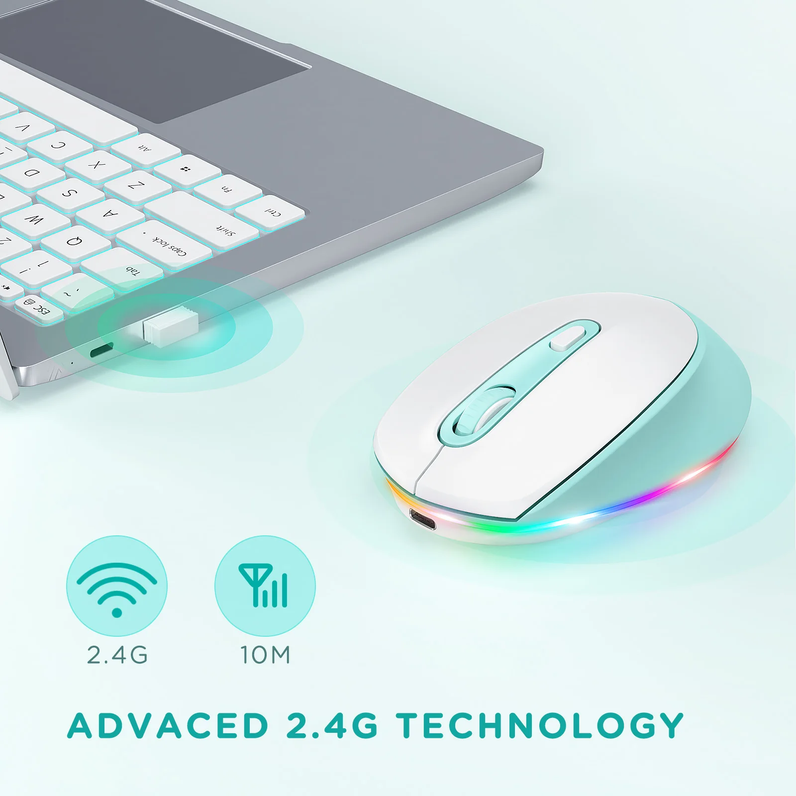 Quiet LED Mouse with USB Receiver Rechargeable Light Up Mice  Adjustable DPI for Laptop Computer Mint seenda Wireless Mouse