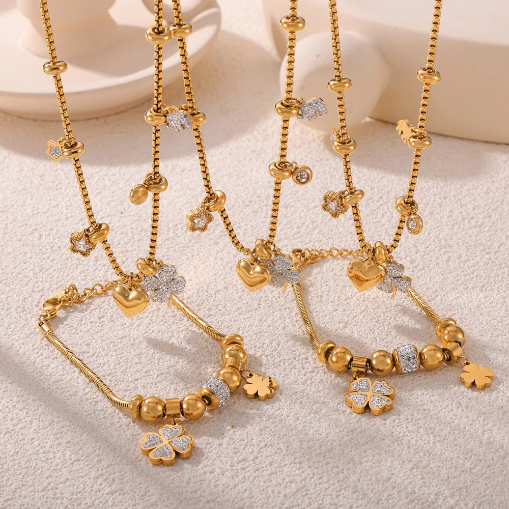18k Gold Plated Women Stainless Steel Four Leaf Clover Heart Zircon Necklace Bracelet Fashion Jewelry Sets