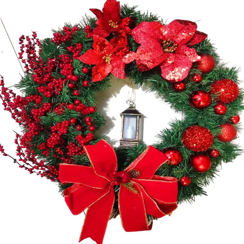 Red Flower Lanterns Christmas Wreaths Holiday Christmas Venue Decoration Props Wreath Ornaments Door Hanging Christmas Wreaths