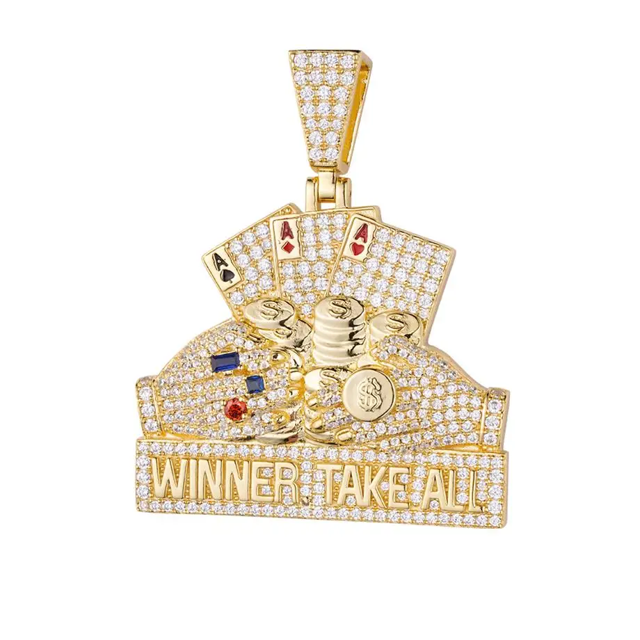 Retro Jewelry 18K Gold  Metal Coin Money Diamond Iced Out Cubic Zircon 925 Sterling Silver Poker Rich Pendant for Men