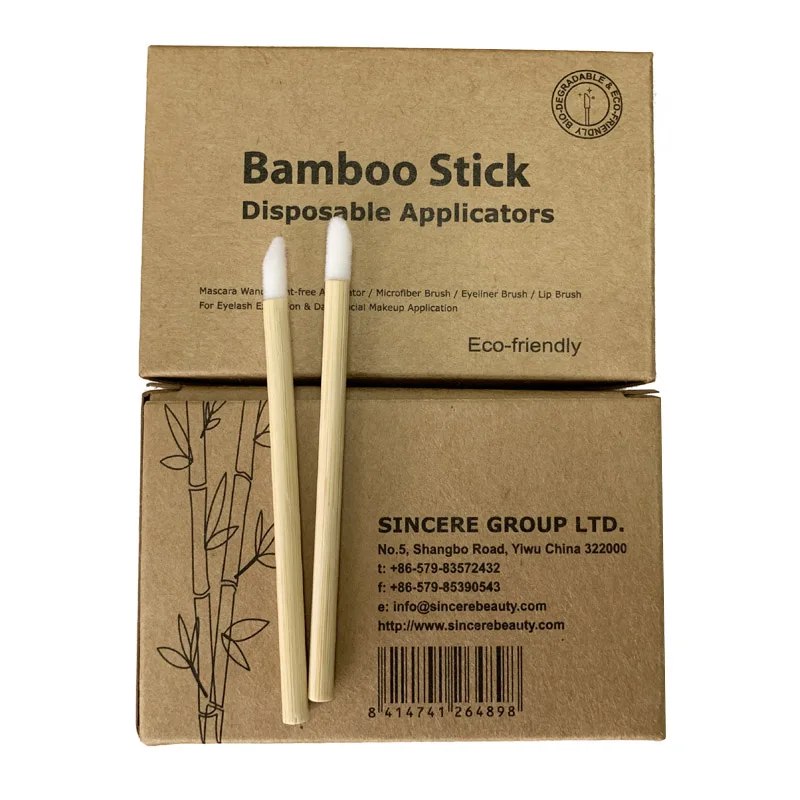 100 Counts Eco-friendly Bamboo Stick Handle Lip Gloss Brush with Flocked Doe Foot Lint-free Applicator in Kraft Box