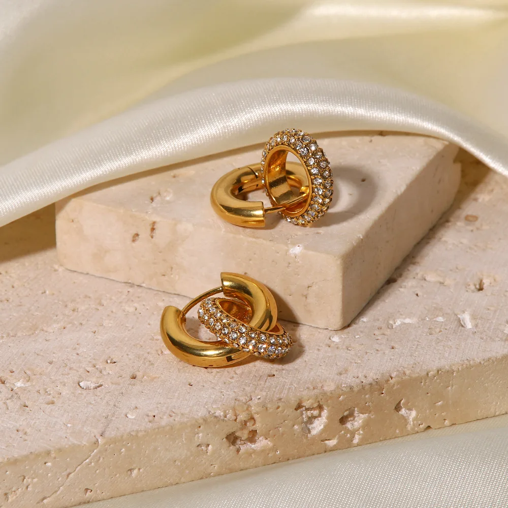 Waterproof Hoop Drop Geometric 18K Gold Plated Stainless Steel Full Zircon Hoop Earrings For Women