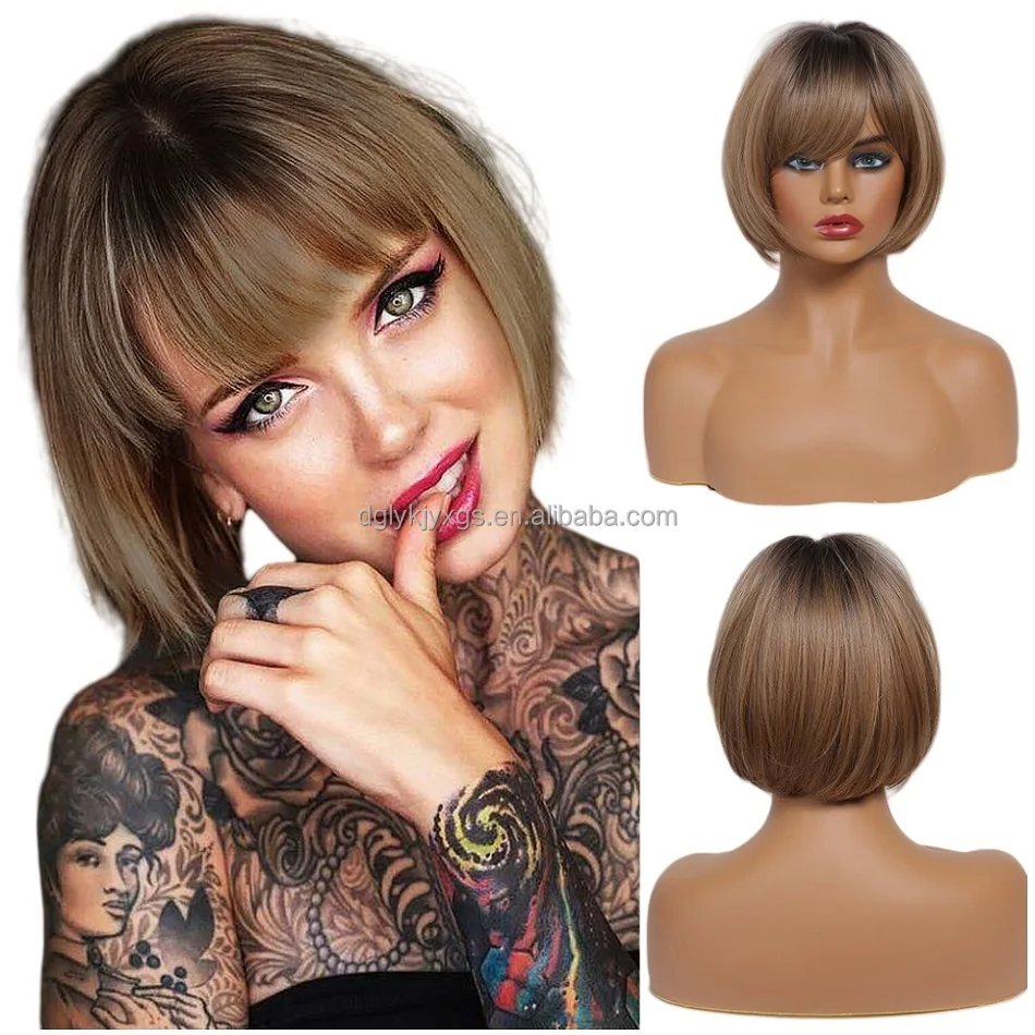 wholesale Straight Bob short wigs synthetic hair wigs Ombre Golden brown gray Pink Synthetic Hair Wig for women hair