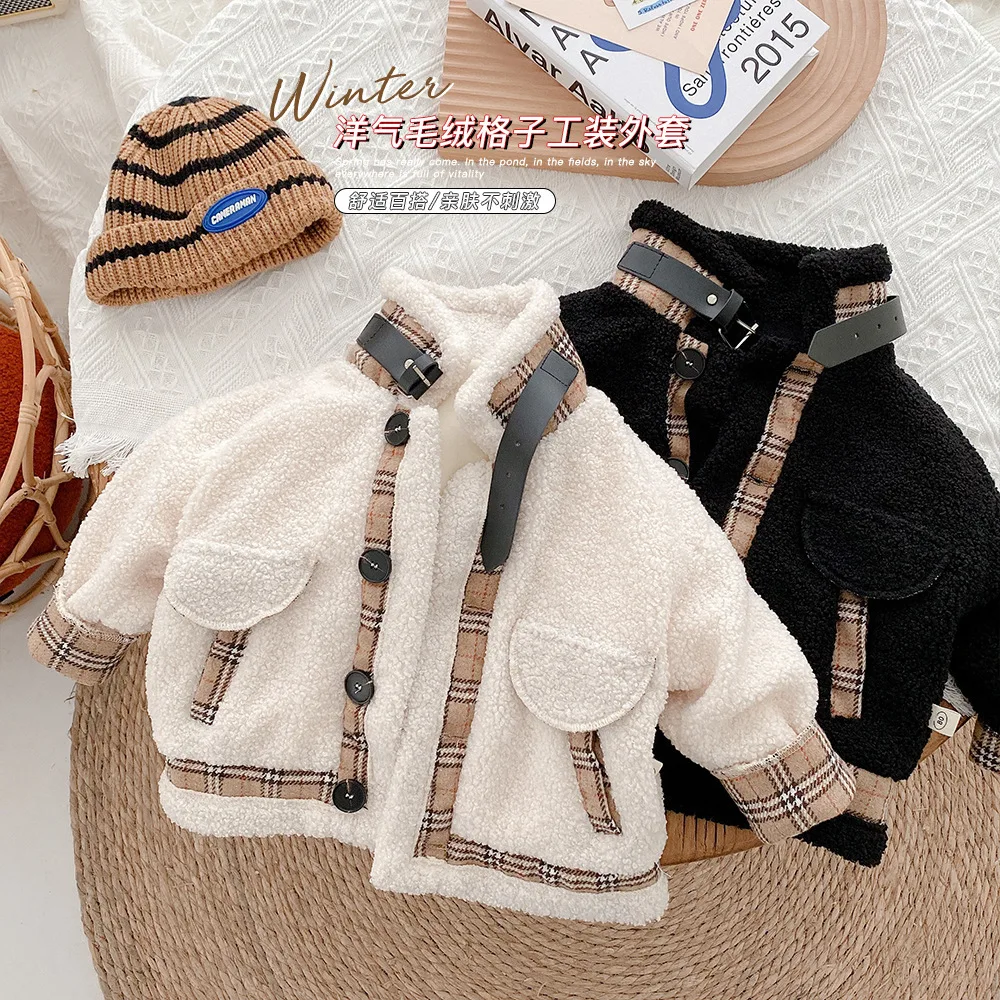 Plaid Lamb Cashmere Thickened Girl Plush Coats Children Winter Long Baby Warm Coats