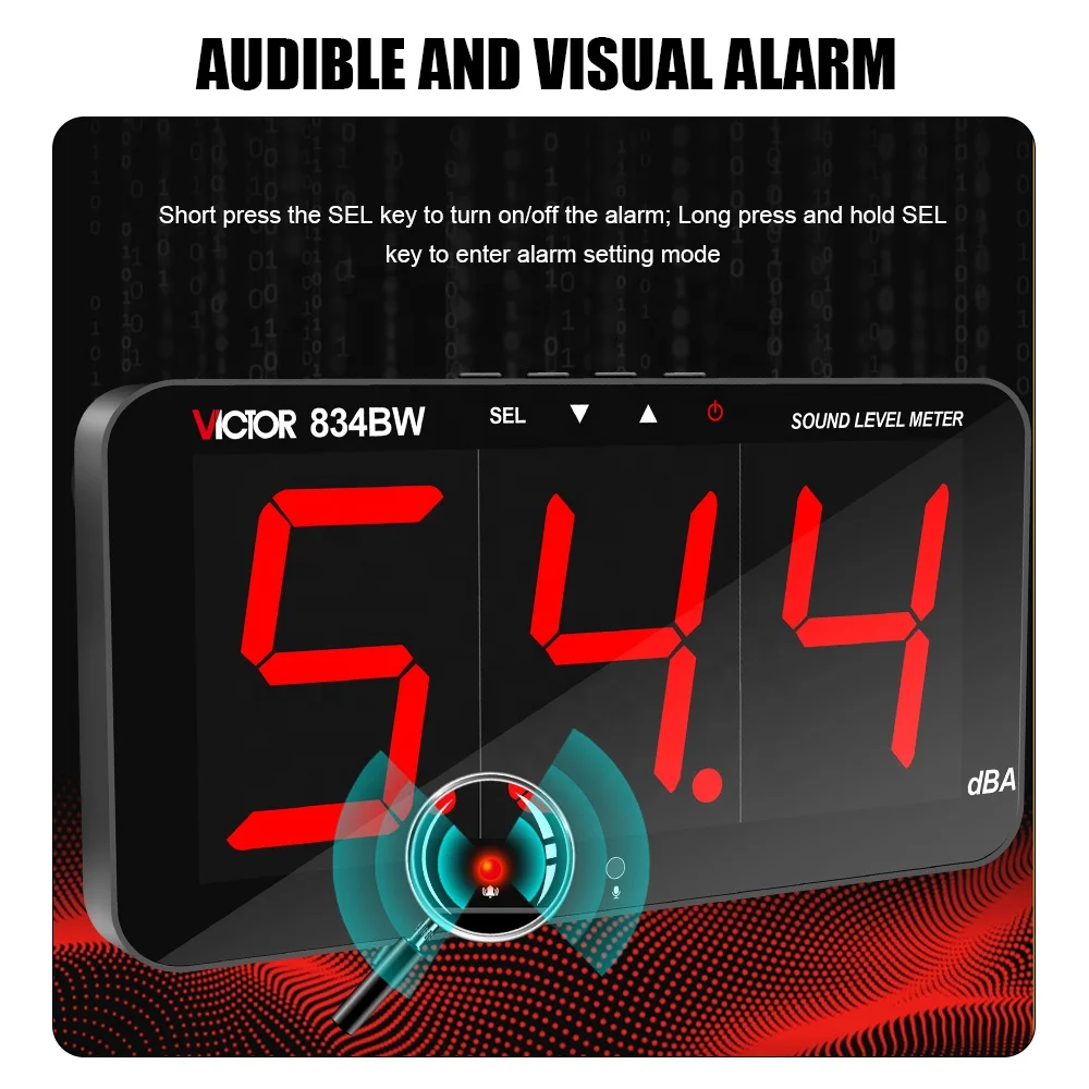 VICTOR 834BW интеллектуальный цифровой измеритель уровня звука 3-битный настенный децибелметр 30 дБ-130 дБ тестер