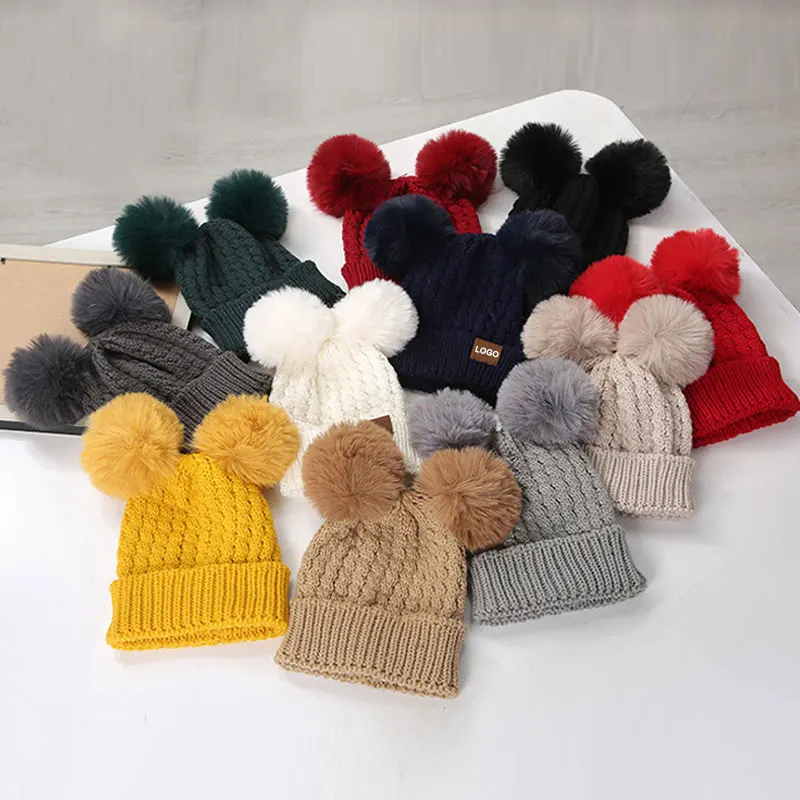 Custom Logo Solid Color Warm Winter Kids Knitted Hat Single-Cuff Cute Double Pom Pom Children Winter Beanie Hats