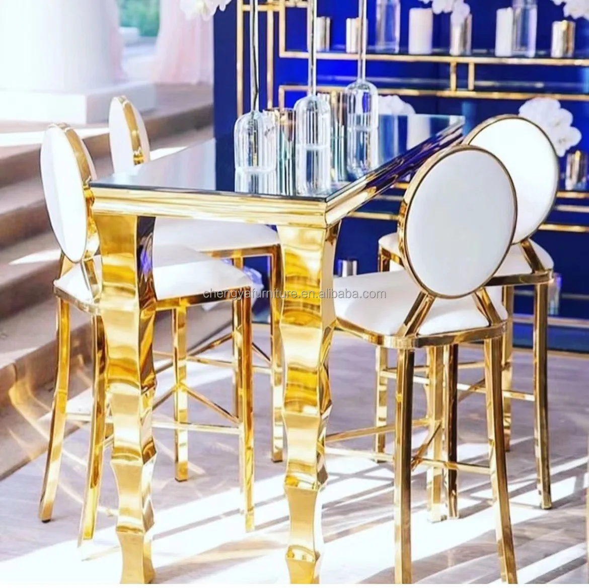 Party furniture gold stainless steel metal glass top bar table and stool set