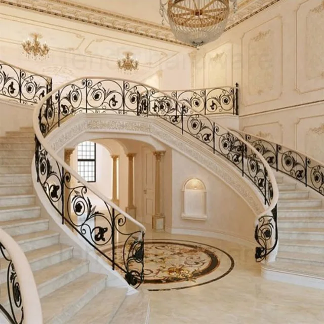 wrought iron railing with wood handrail for curved stair