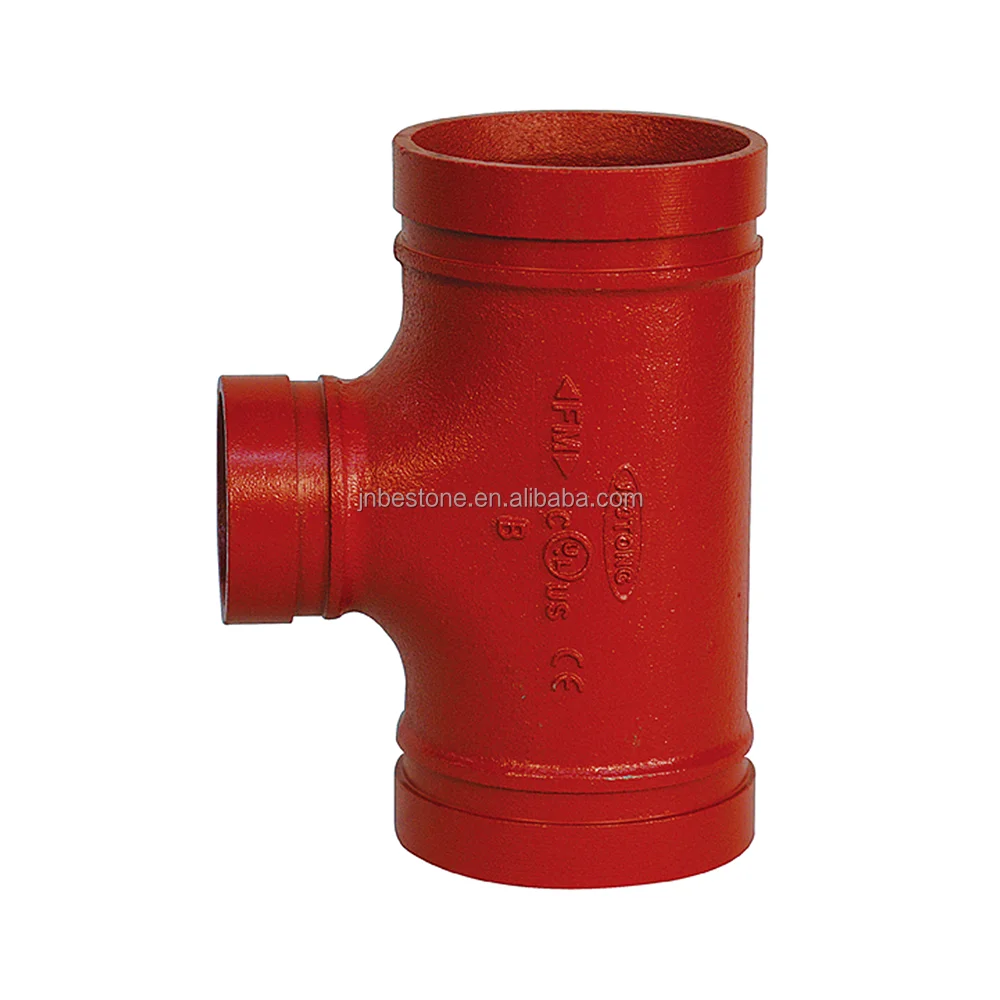 Threaded reducing tee red RAL 3000 painting, design ASTE F1548 and ANSI/AWWA C606