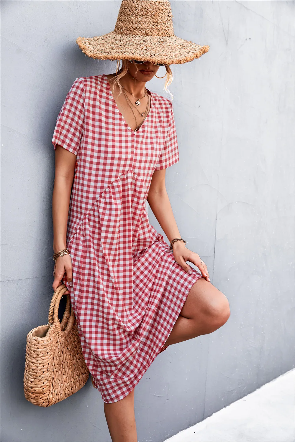 V-neck short-sleeved pleated checkered dress Plaid Woven Simple Pencil Embossed clothing manufacturers custom