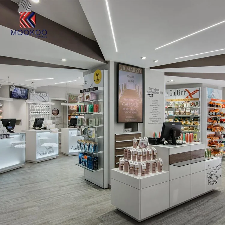Modern Style Wooden Pharmacy Shop Showcase Drug Store Display Shelves with Cashier Counter
