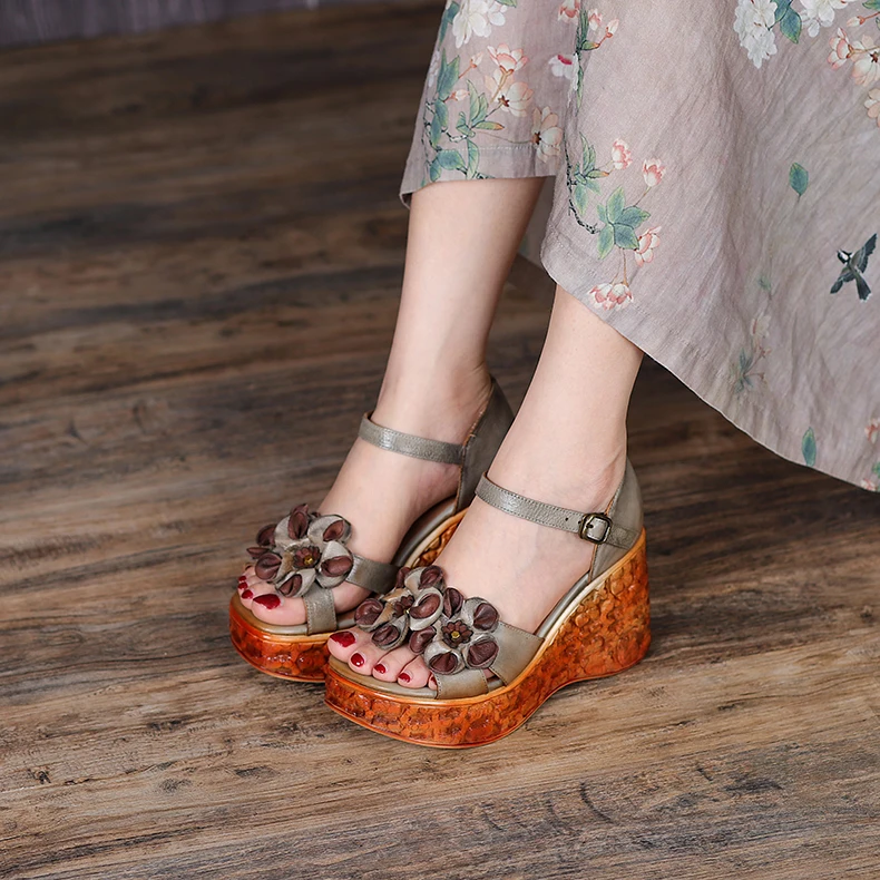 Genuine Leather Sandals Handmade Flowers Summer Shoes Woman Wedges High Heel Shoes Retro Ethnic Height Increasing Ladies Shoes