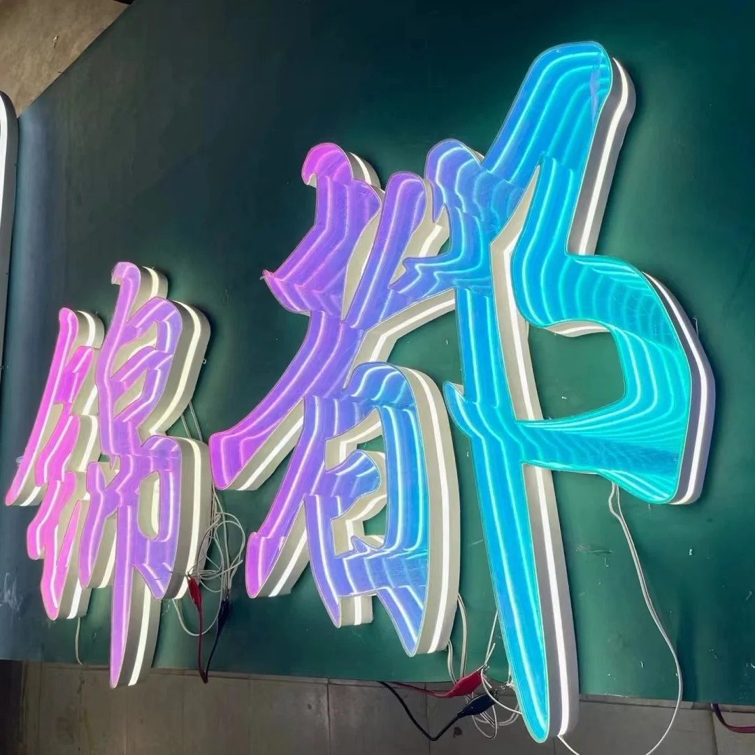 Chameleon color pink-blue shift 3D mirror sign infinity mirror acrylic LED neon mirror for indoor decor