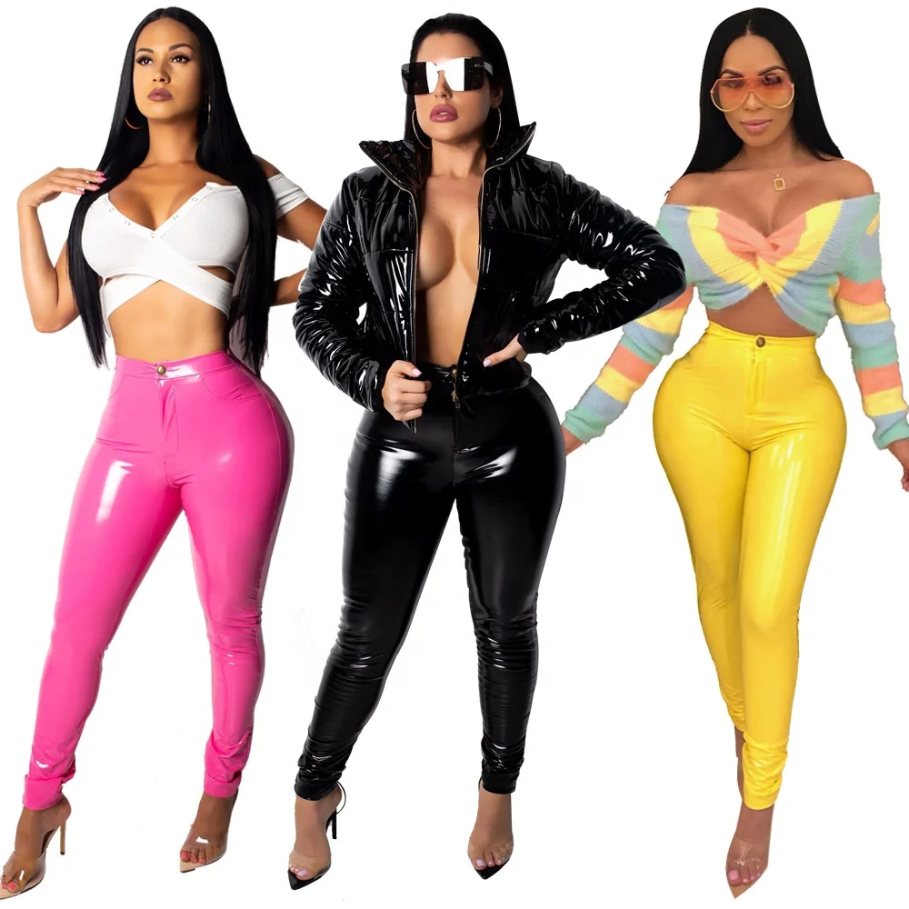 2019 New Arrivals Fashion Women Plus Size Mid Waist Solid Color Skinny PU Leather Pants