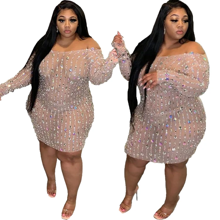 D12334 2021 Autumn mesh hot drilling elegant casual bodycon  see-through night club plus size dresses for women clothing